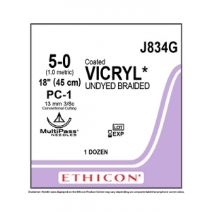 ETHICON Vicryl Plus Suture 834G 5-0 13mm 3/8 Circle PC-1 45cm Undyed (12)