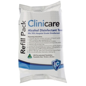 Clinicare Alcohol 70% IPA Towelette Refill (220) 15.2x23.2cm