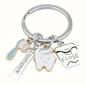 CUTE Enamel Keyring w/ Tooth, Paste, Floss & Brush